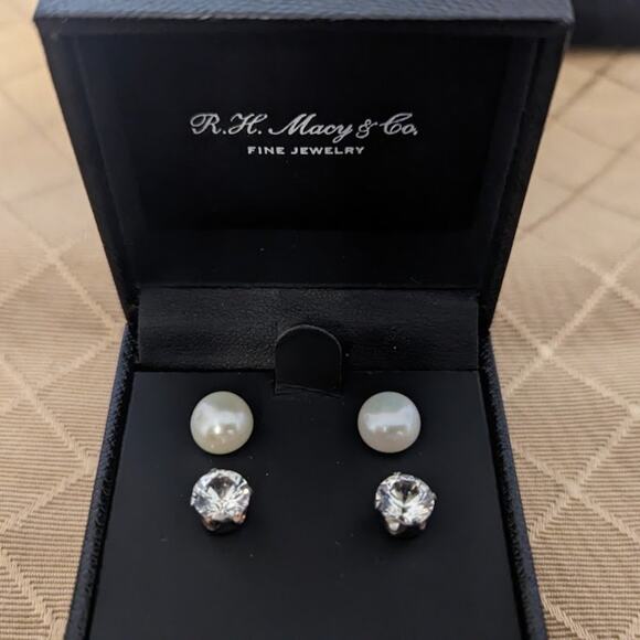 R H Macy & Co Fine Jewelry pearl and white sapphire studs - Picture 1 of 4